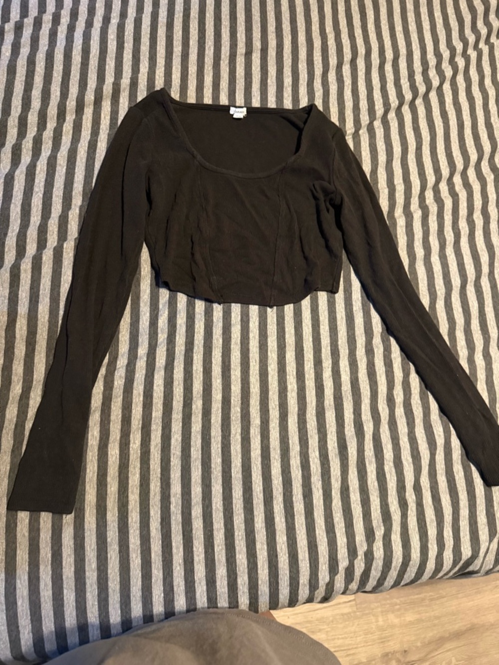 Garage Black Ribbed Long-Sleeve Cropped Scoop Top
